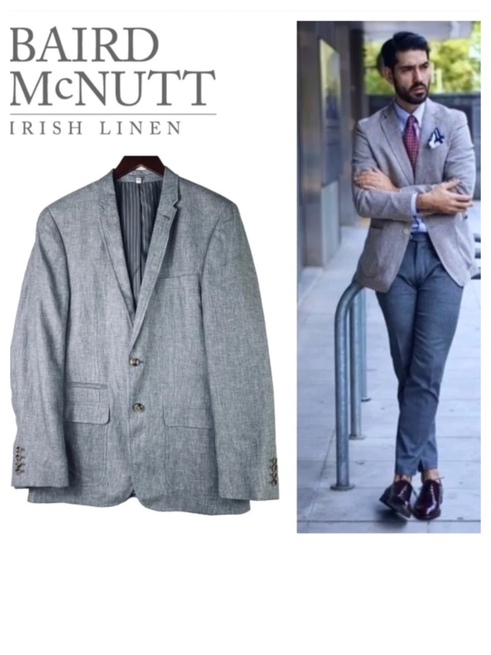 Baird McNutt Murano Large 42 44 Blazer Suit Sport Coat Jacket Gray LINEN Slim